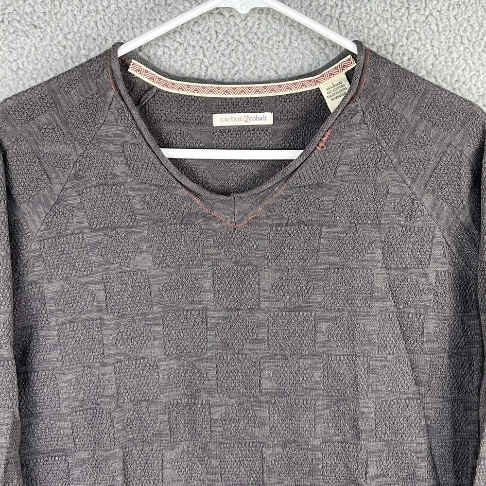 Carbon 2 Cobalt Sweater Mens L Pullover V Neck Thermal‎ Check Textured Knit Grey